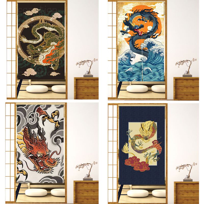 Fabric Japanese-Style Door Curtain with Dragon Pattern for Japanese Restaurant Kitchen, Bedroom, Entrance, Extended Length 150cm, No Drilling Required