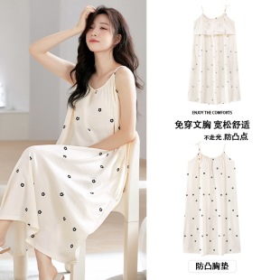 Summer Floral Clouds Cotton Sexy Sling with Chest Pad Nightdress Women's Sleeveless Over-the-knee Pajamas Cute Pure dress