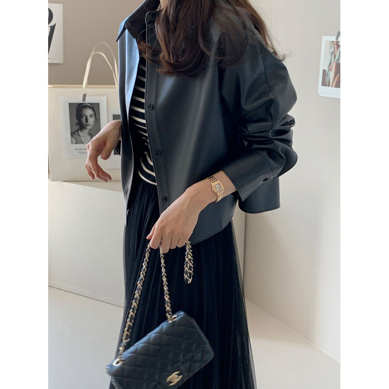 Elegant Ladylike Style Korean Dongdaemun Leather Jacket, Thin Loose-Fitting Biker Jacket, Korean Style Leather Coat Elegant Ladylike Style Korean Dongdaemun Leather Jacket, Thin Loose-Fitting Biker Jacket, Korean Style Leather Coat