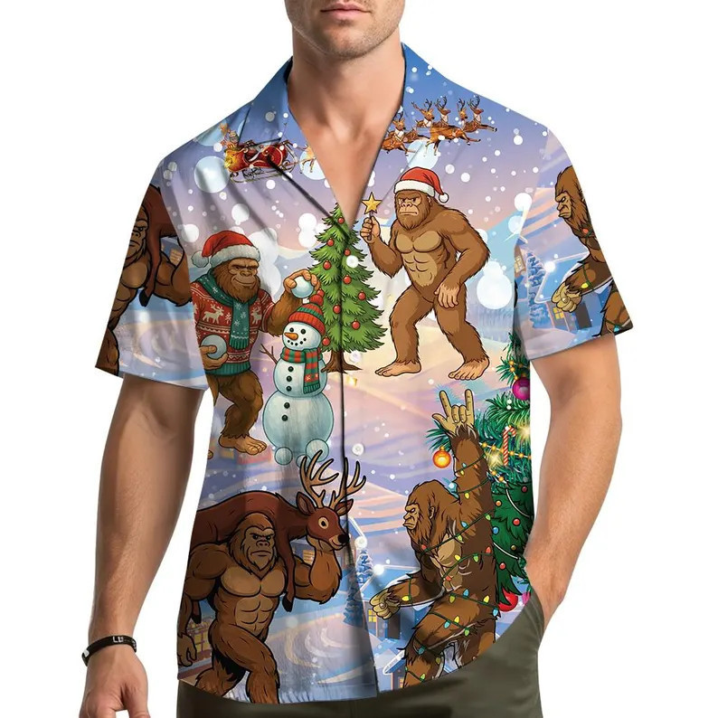 New Christmas Themed Bigfoot Printed Casual Shirt Summer Breathable and Comfortable Holiday Party Casual Wear
