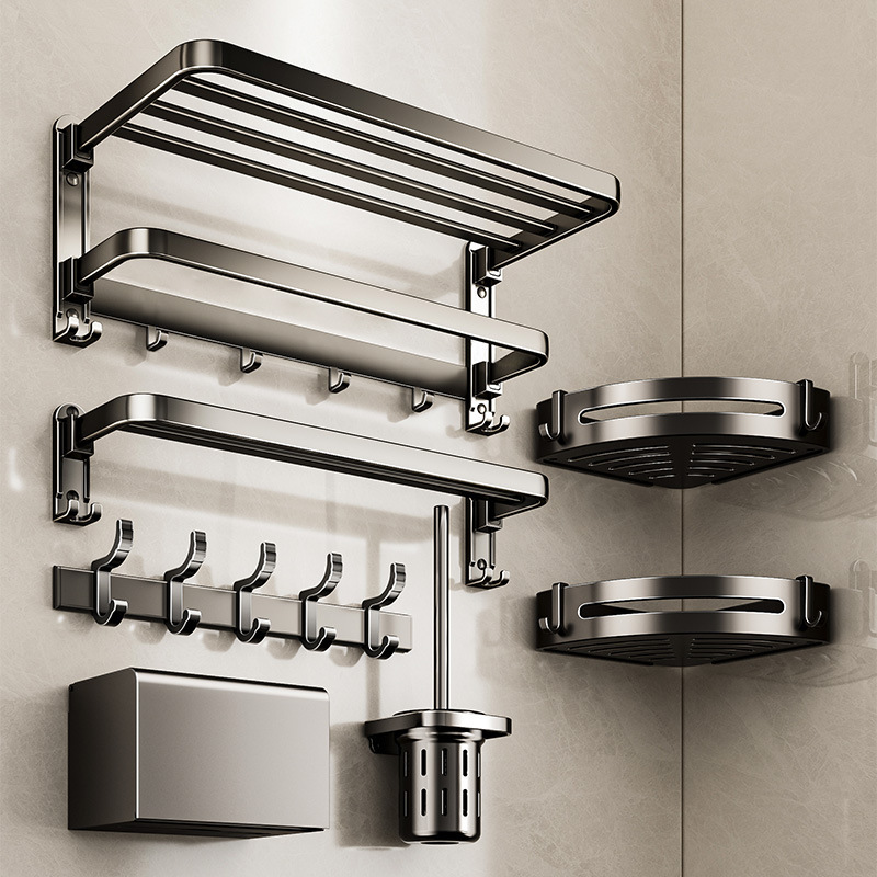 Gunmetal towel rack, no-drill bathroom towel storage rack, wall-mounted bathroom and toilet accessory set, storage hanging rod