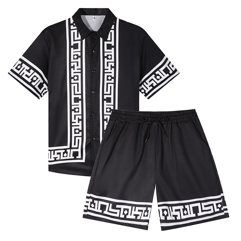 2025 여름 아마존 유럽과 미국 국경 간 남성 셔츠 캐주얼 루즈 반팔 반바지 비치 슈트 투피스 세트