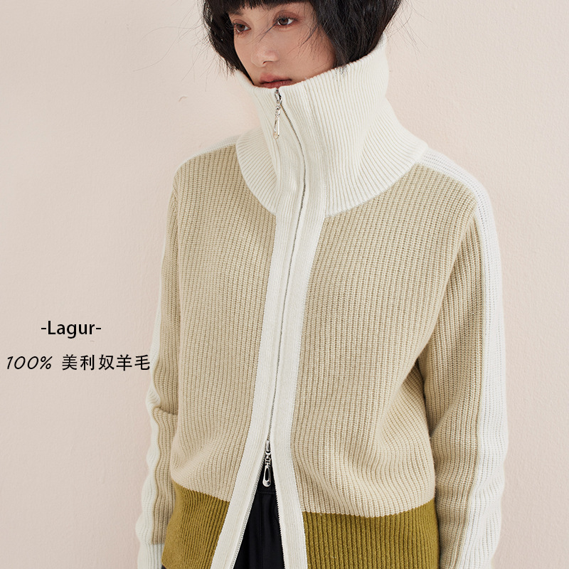 Great power! Double Zipper High Neck Sweatshirt 100% Merino Wool American Style Collar Coat for Winter