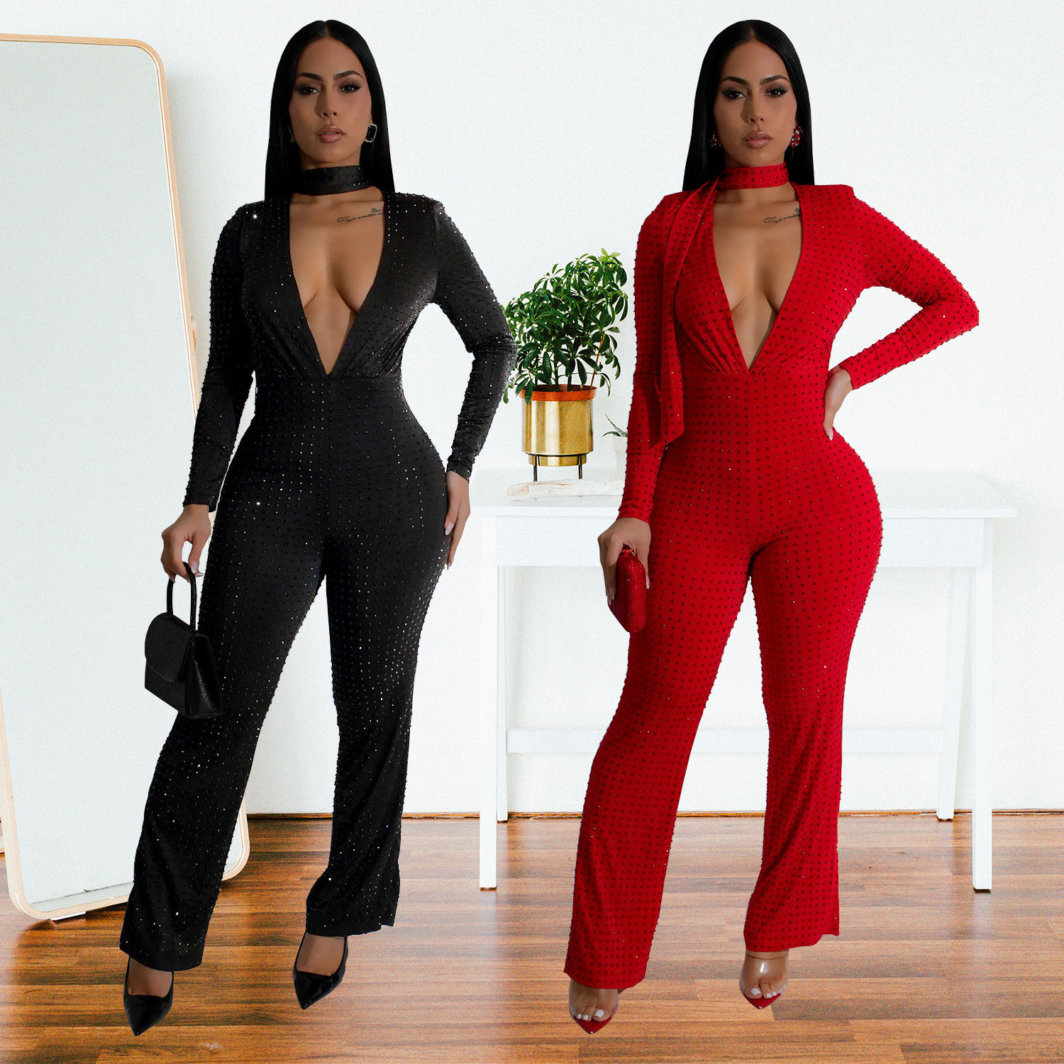 C7213 Aliexpress transfronterizo Amazon Europa y América ropa de moda femenina sexy cuello v manga larga bolsas de brazo de diamante caliente New Jumpsuit