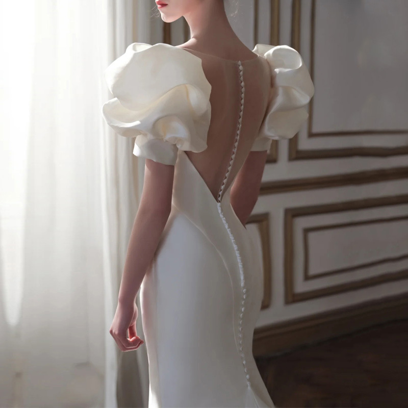 Vestido de novia estilo sirena para fotografía de viajes, elegante, estilo francés, con pequeña cola, estilo bosque sencillo, para mujer, novedad 2026.
