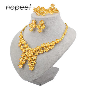 NOPEET Dubai 24K Gold Jewelry Set Indian Women Wedding Bridal Necklace Ring Earring Bracelet Four Piece Set