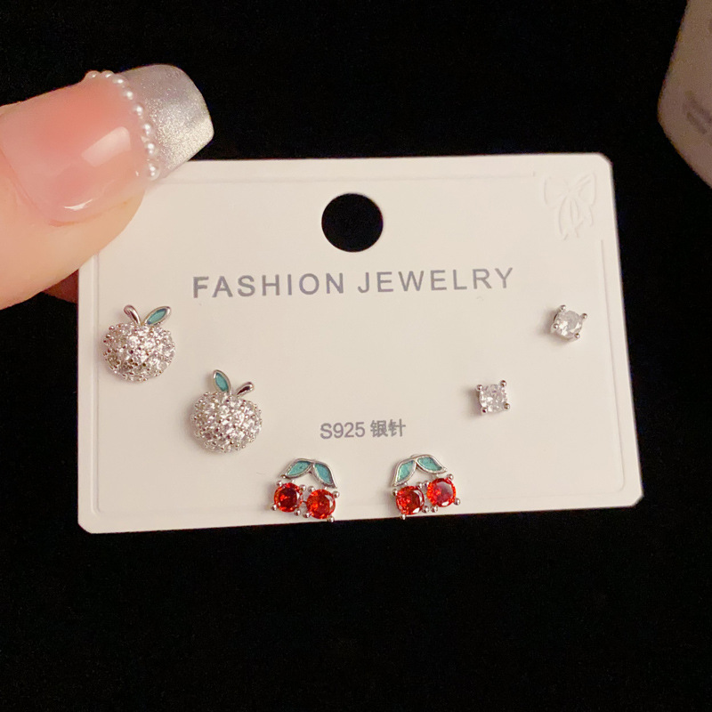 Small Stud Earrings Classification 1 Set Cute Cherry Apple Copper Zircon Small Stud Earrings