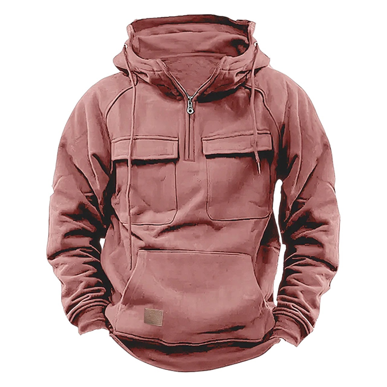 Otoño e invierno transfronterizo nuevos hombres con capucha suéter de color sólido europeo y americano deportes juveniles multi-Bolsillo suéter de cuero abrigo