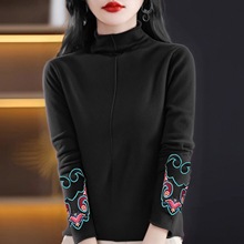 M-4XL德绒秋冬复古民族风长袖洋气女士上衣宽松外穿半高领打底衫