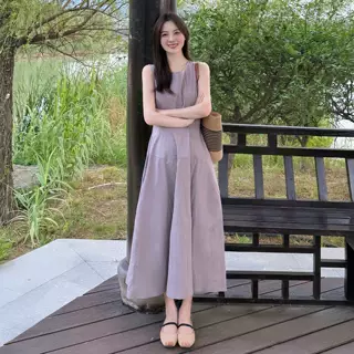 法式紫色温柔风无袖背心连衣裙女夏季轻熟小众不撞款气质收腰长裙