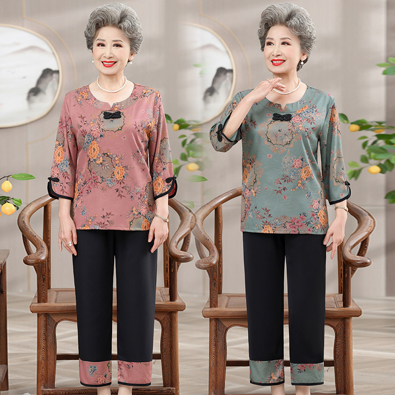 Middle-aged and elderly summer clothes grandmother's seven-sleeve T-shirt mother's foreign-style Tang suit two-piece old lady's mother-in-law clothes