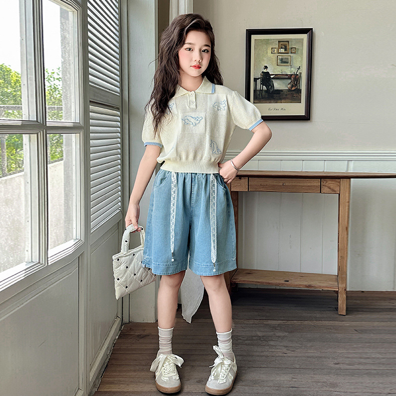 Girls' Korean Style suit 2025 Summer New Style Stylish Polo Short-sleeved Shorts Fashionable Casual Two-piece Set Trendy