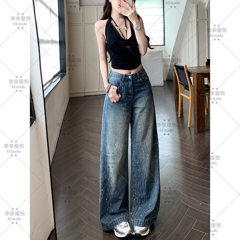 流星雨重工烫钻阔腿牛仔裤女2025秋季新款高腰宽松显瘦高级感长裤|undefined