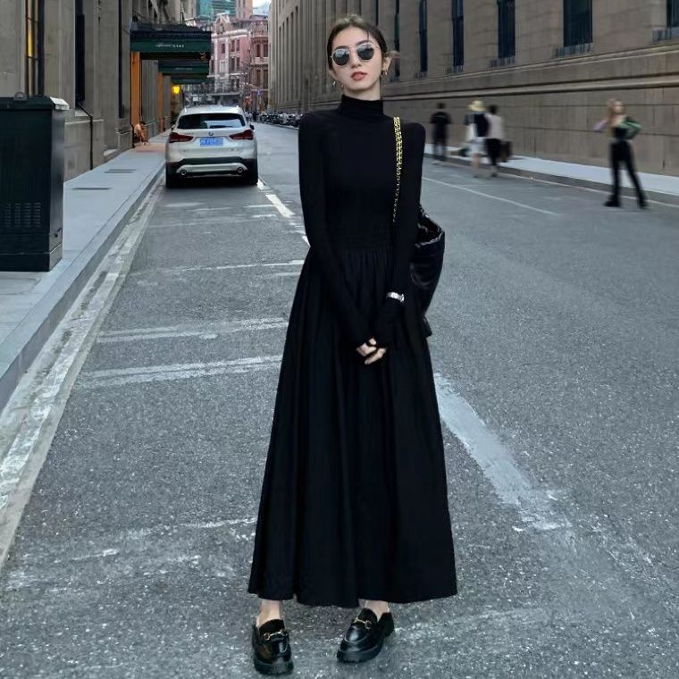高级感赫本洋气连衣裙女2025秋季新款韩版显瘦过膝打底内搭长裙子|undefined