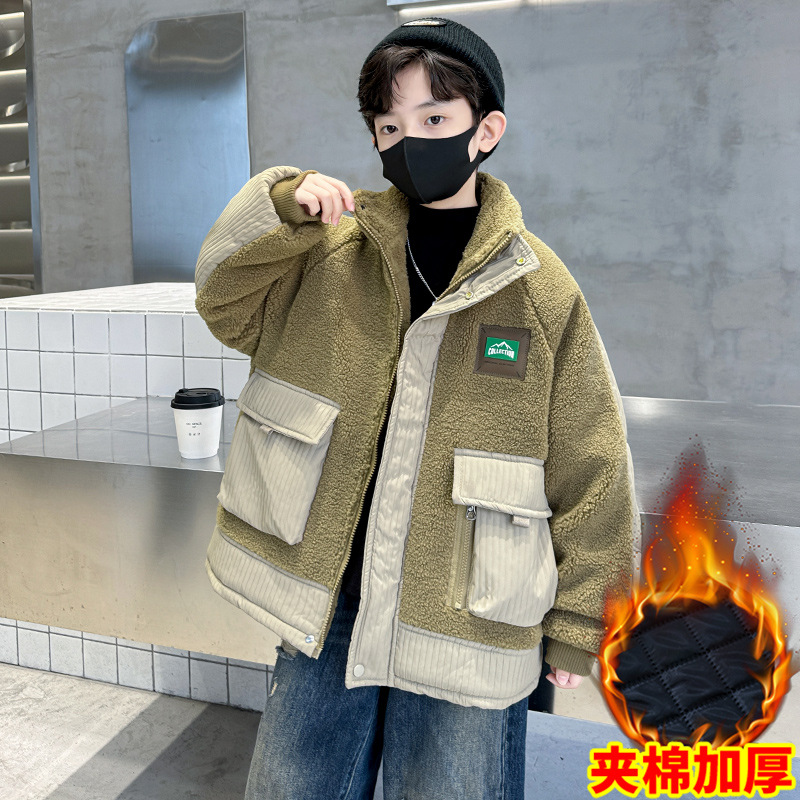 (2개) 어린이 소년 벨벳 재킷 2024 가을과 겨울 새로운 두꺼운 모직 스웨터 겨울 중간 및 큰 어린이 면화 탑