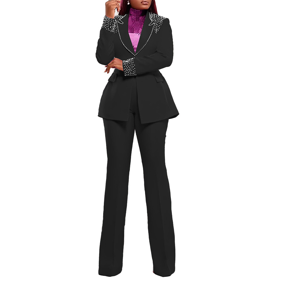 K3332 Women's European And American Style Pearl Embellished Slim Stretch Two Piece Suit Long Sleeved Regular Fit Summer Suit_ecoleips.com