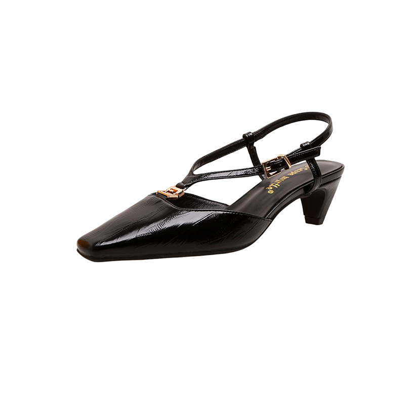 Sandalias de tacón bajo con diseño de pez lenguado, hebilla dorada pequeña y punta cuadrada, estilo similar a Jingquan Fumei, para mujer, para verano.