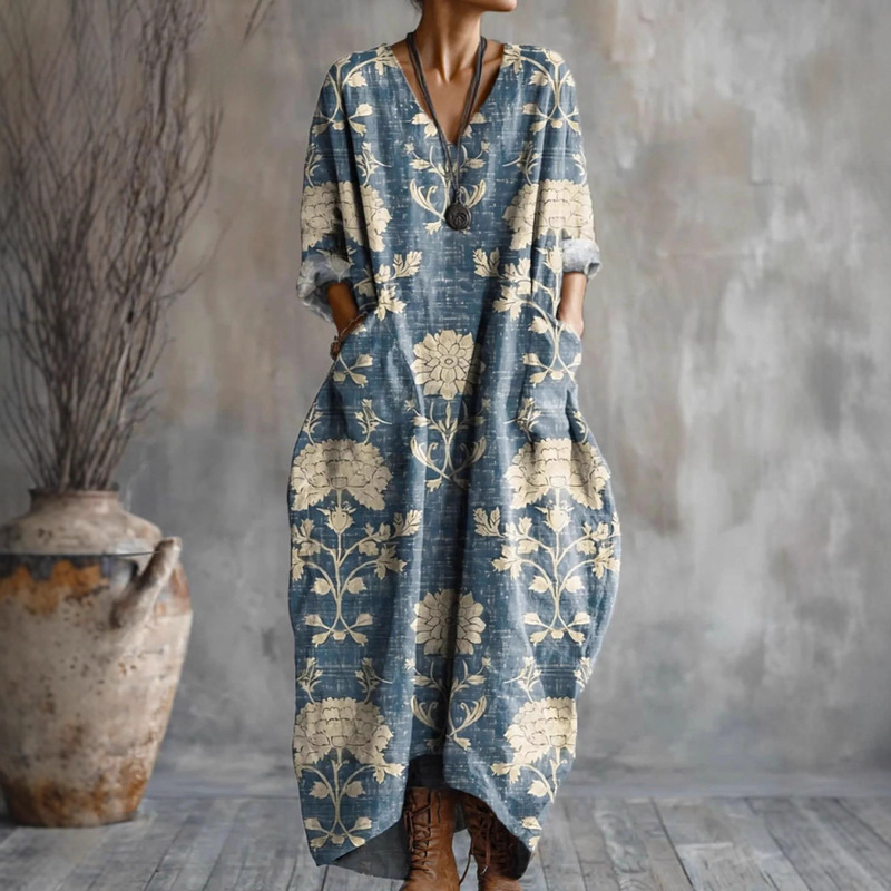 2025 New Amazon Cross-Border European and American Women's Fashion Loose V-Neck High-End Long-Sleeve Printed Pocket Dress 2025 New Amazon Cross-Border European and American Women's Fashion Loose V-Neck High-End Long-Sleeve Printed Pocket Dress