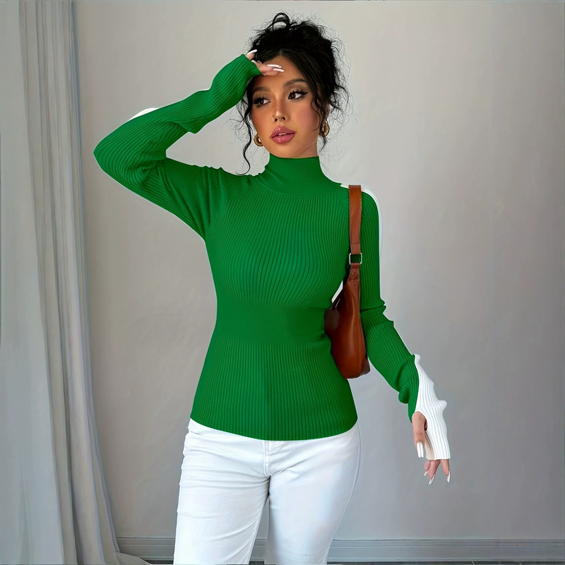 European and American Cross-Border Knitted Sweater with Contrasting Colors, Half-High Collar, Ribbed Knit Base Shirt for Women, Slim Fit, Stretchy, Long Sleeves European and American Cross-Border Knitted Sweater with Contrasting Colors, Half-High Collar, Ribbed Knit Base Shirt for Women, Slim Fit, Stretchy, Long Sleeves