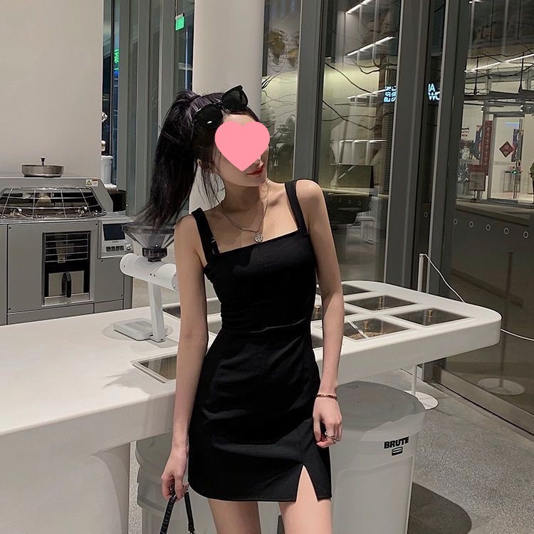 黑色开叉吊带裙女夏外穿修身显瘦连衣裙赫本风气质复古内搭小黑裙|undefined