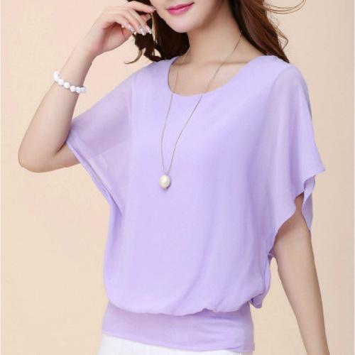 2024 new summer new round collar short sleeve loose fashionable chiffon large size base shirt for women