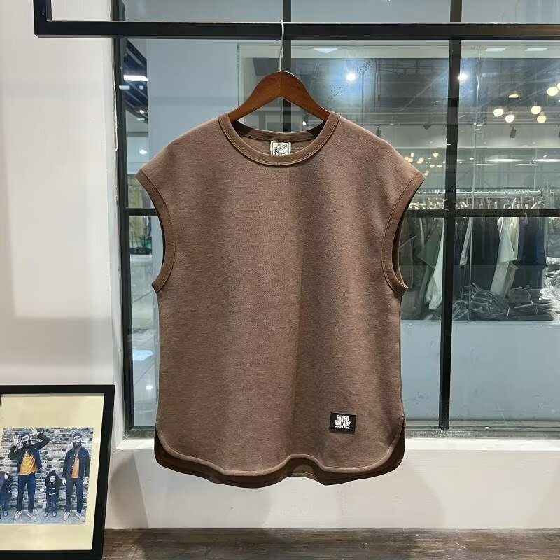 夏のイントレンドアイスシルクノースリーブベスト白底半袖レトロベストメンズルーズTシャツアウターウェア|undefined