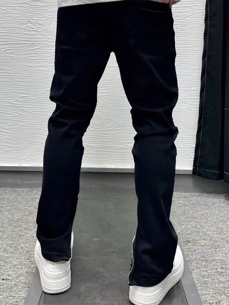 Men's Rivet Slim Fit Jeans Trendy Brand Black With Split Cuffs And Zipper Design Versatile Casual Stretch Skinny Long_viptrois.com