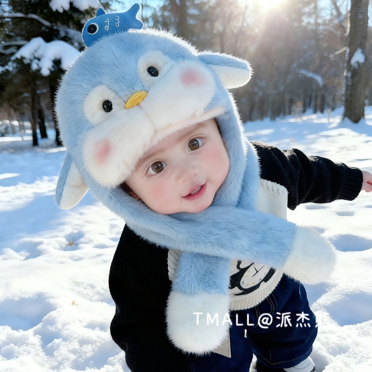 Bonito pingüino para niños sombrero de peluche bufandas de invierno para mujeres calentamiento cuello orejas se moverán gorras protectoras de orejas