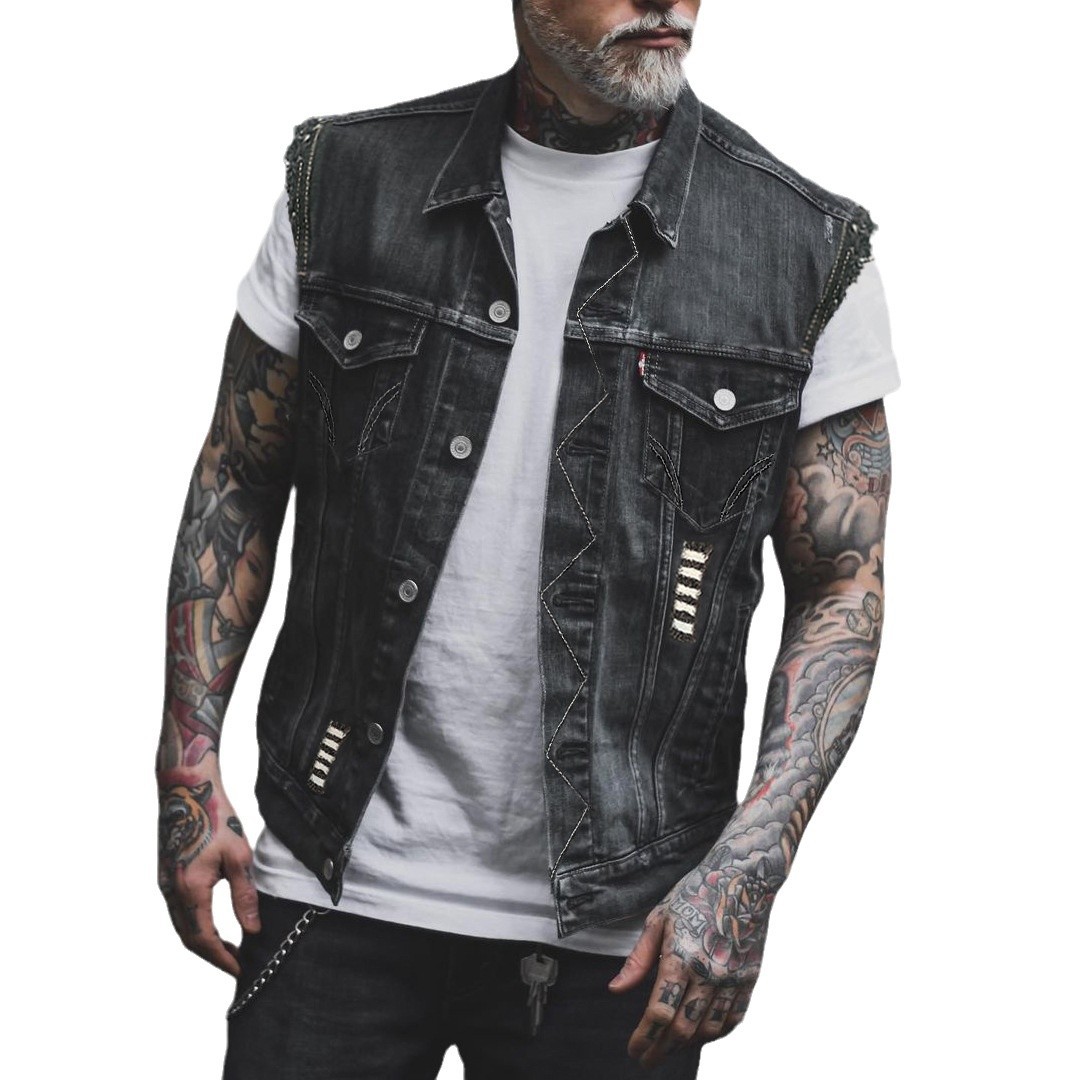Straight men's motorcycle denim vest with seasonal flip collar tassels, vintage new style_voghion.com