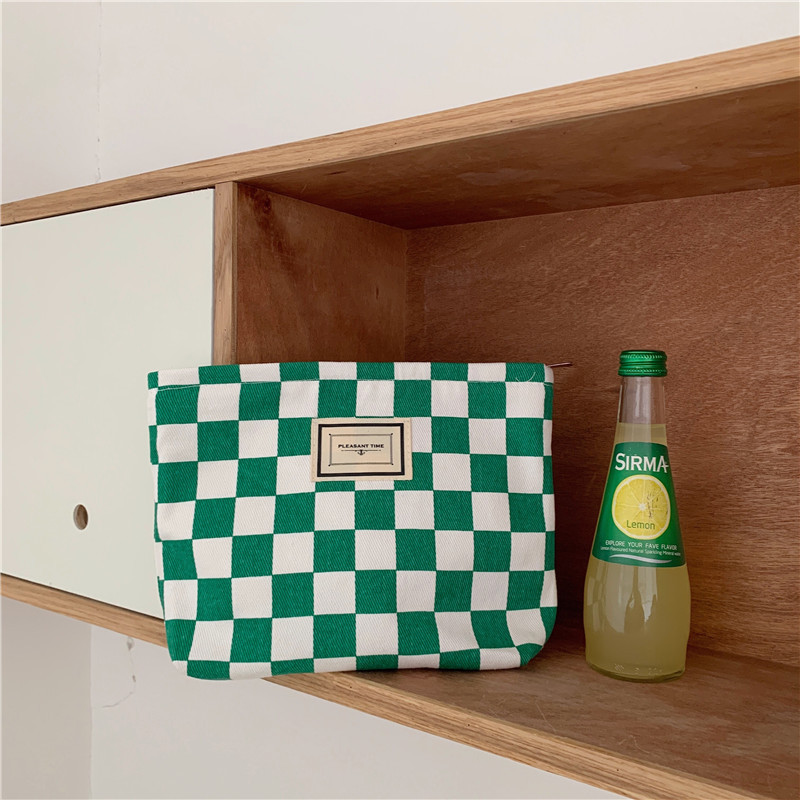 【 In Stock 】18181 checkerboard green checkered canvas bag, school-style commuter single-shoulder bag, retro hand-held tote bag undefined