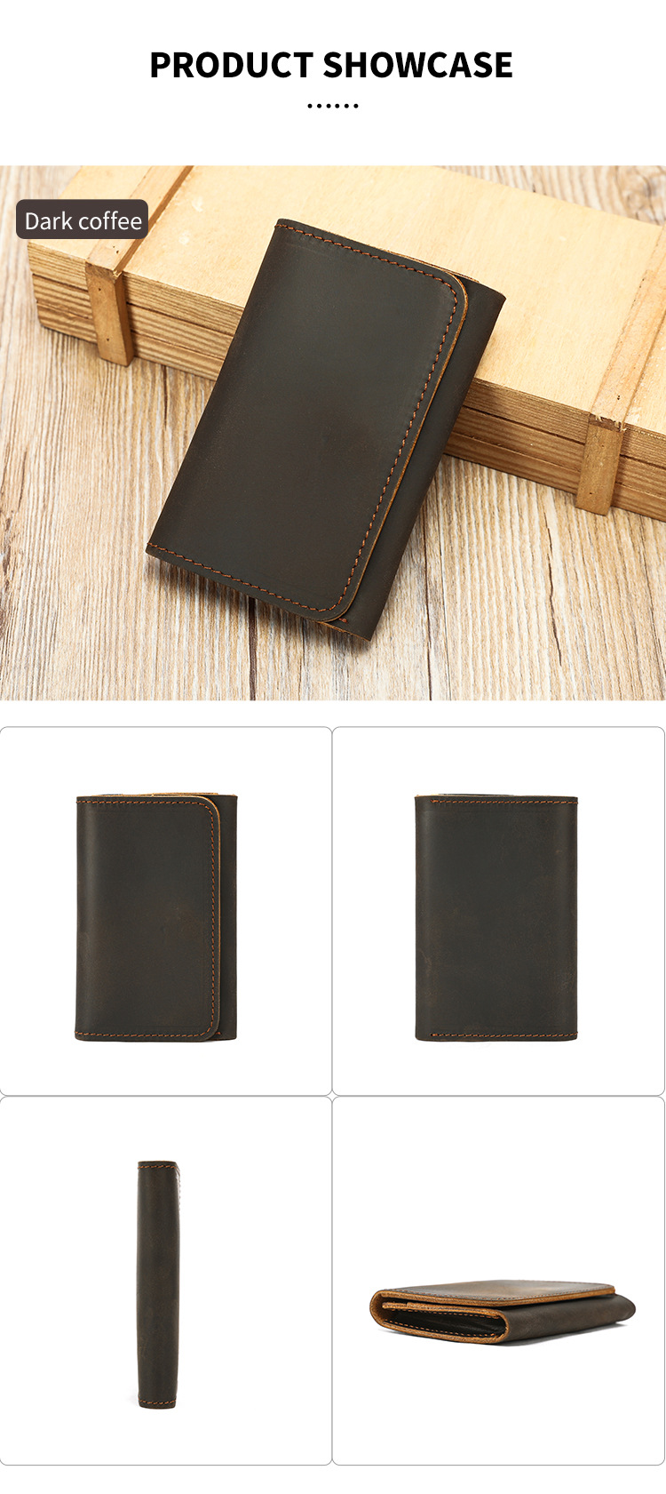 Ví da nam gập mini siêu mỏng phong cách retro, đựng thẻ và tiền xu du lịch — Màu nâu sẫm, màu nâu chi tiết 6