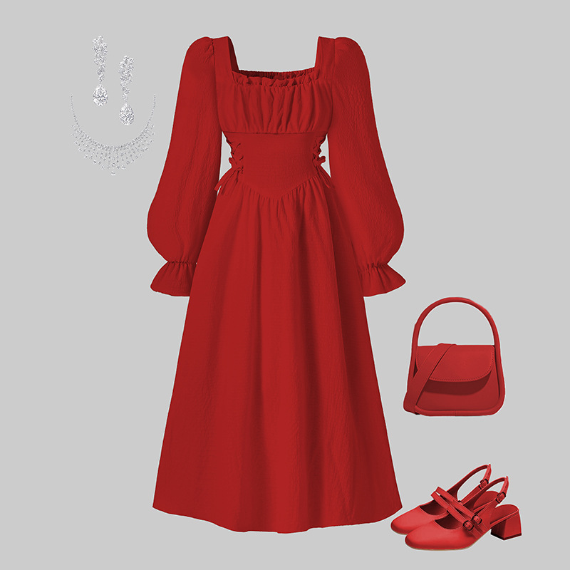 Mädchenkleid mit eckigem Ausschnitt, langen Ärmeln und Schleife in der Taille, eleganter Retro-Stil, Frühling/Herbst_voghion.com