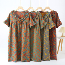 夏季新款纯棉色织纱布七分袖睡裙 纯色简约家居服 休闲女式睡衣