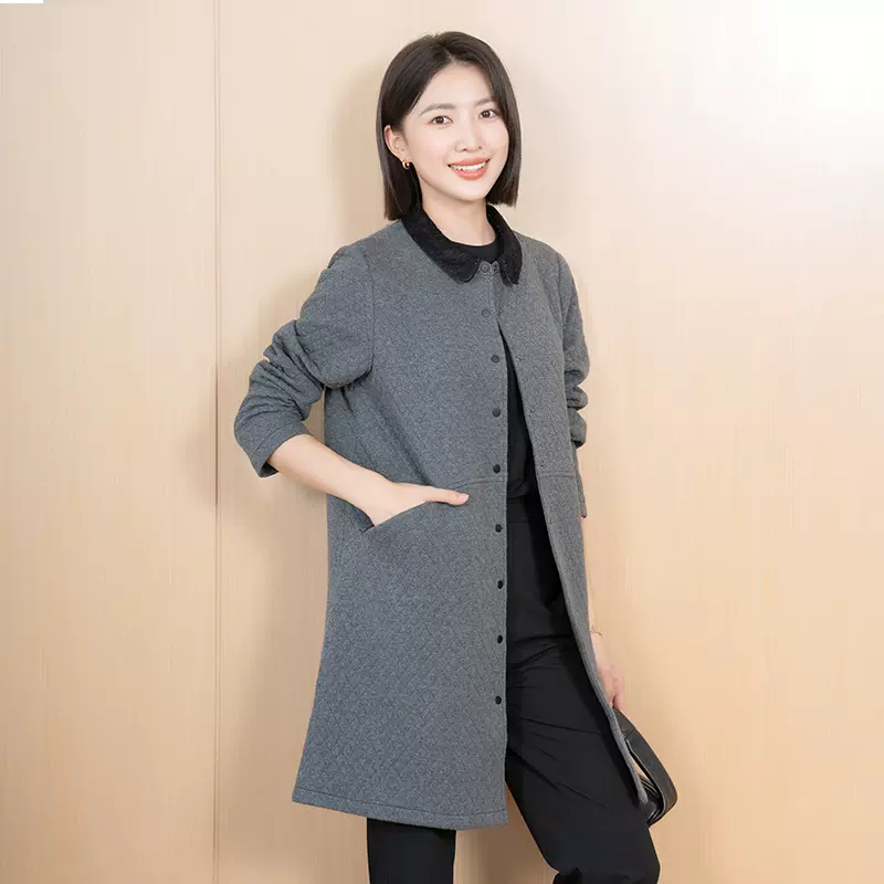 严选YUN韫春秋新款外套女中长款宽松休闲气质通勤纯色薄款棉衣