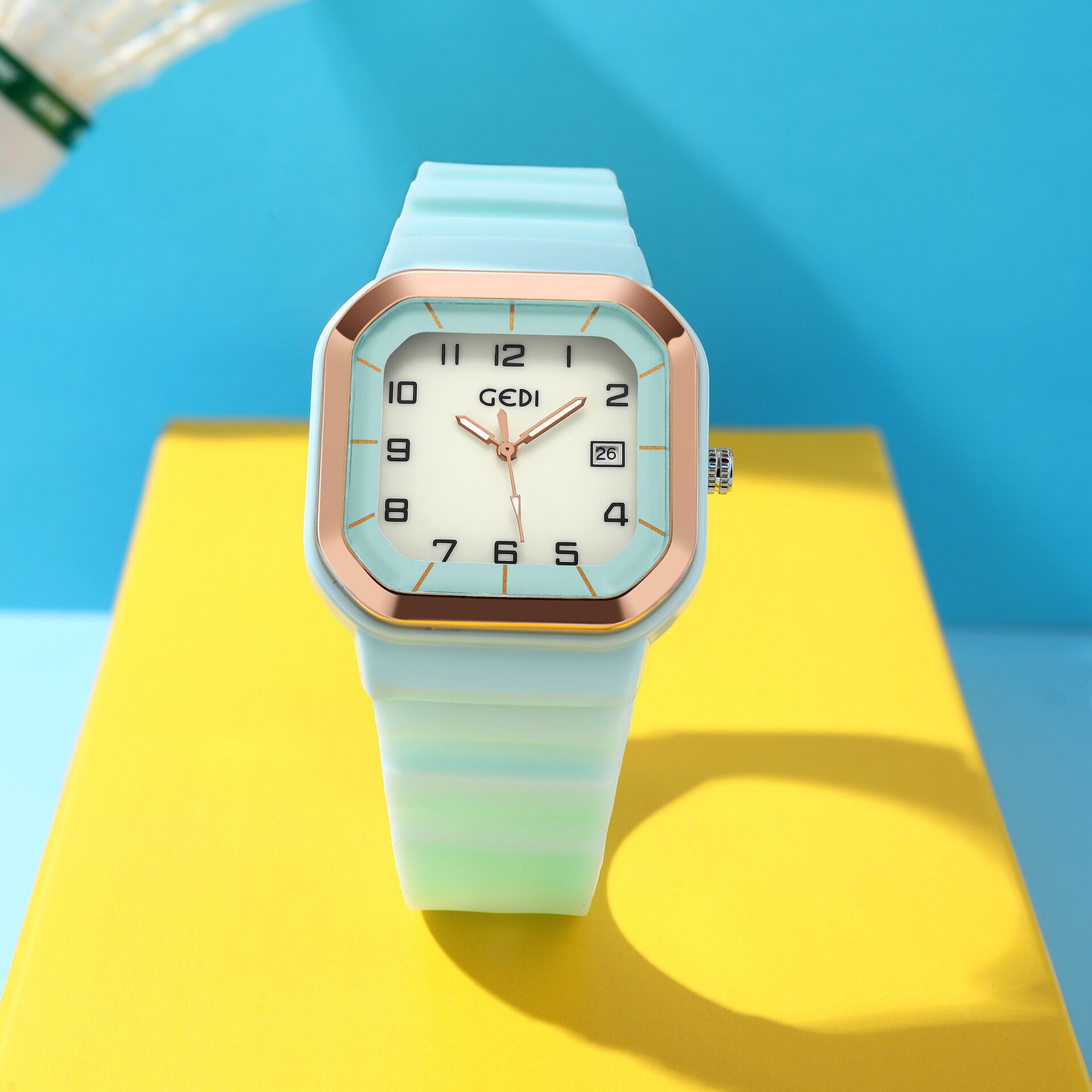 watch Gedi neutral square luminous digital scale with calendar, sports and fashion silicone tape, waterproof f_voghion.com