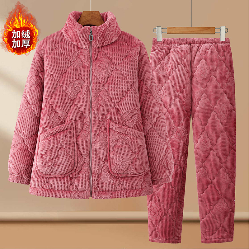 中老年法兰绒睡衣女冬季奶奶三层夹棉加厚加绒保暖妈妈家居服套装