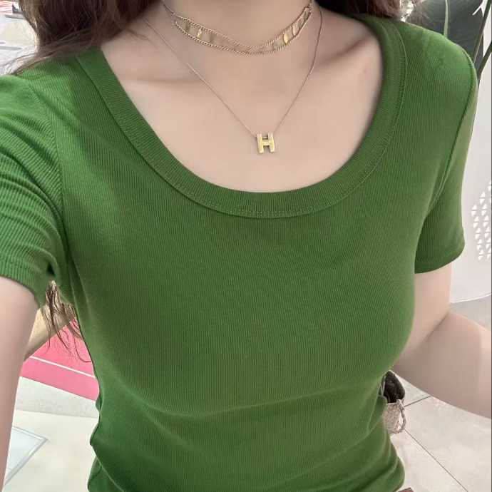 Summer Short-Sleeved Large U-Neck Fashionable Short-Sleeved T-Shirt Women's Slimming Look U-Neck Threaded New Top 9977 Forest Green