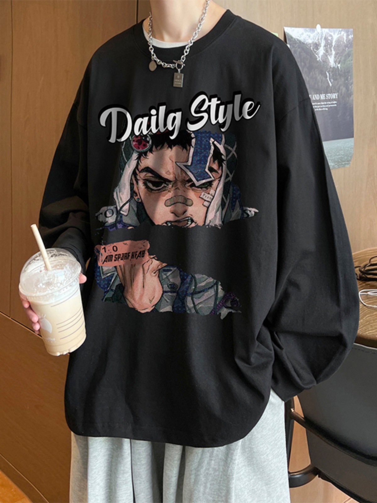 ワインレッド純綿長袖tシャツ男子秋潮牌大サイズ丸首底シャツアニメプリント重ポンド上着