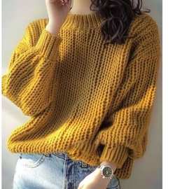 黄色高领毛衣女士冬季新款洋气粗毛线加厚上衣今年流行宽松针织衫