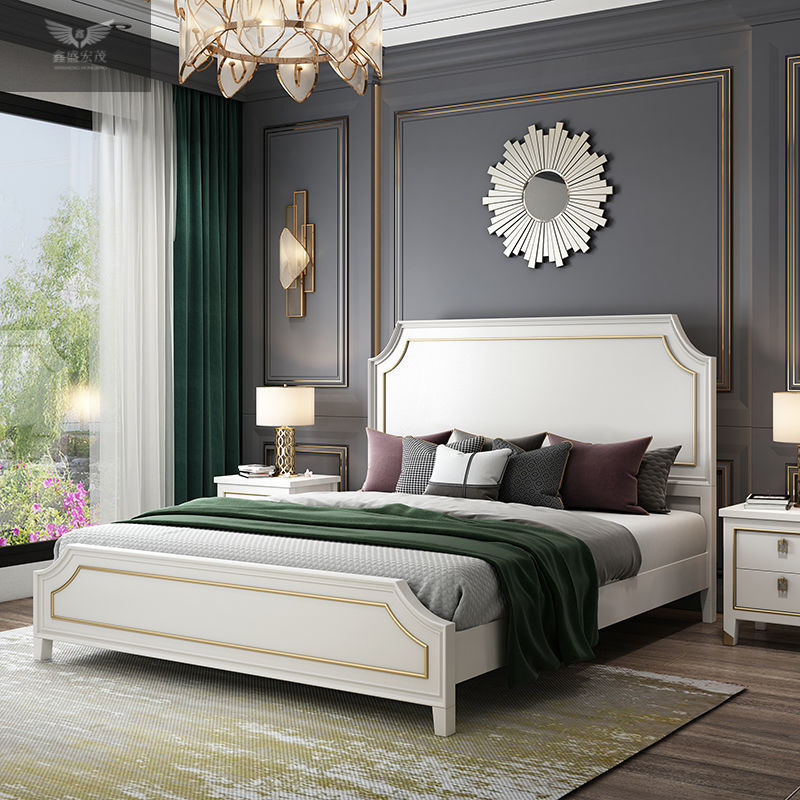 Cama de estilo americano de lujo ligero de madera maciza, cama de cama blanca, cama de matrimonio, 1.8m, cama doble moderna y simple, 1.5m