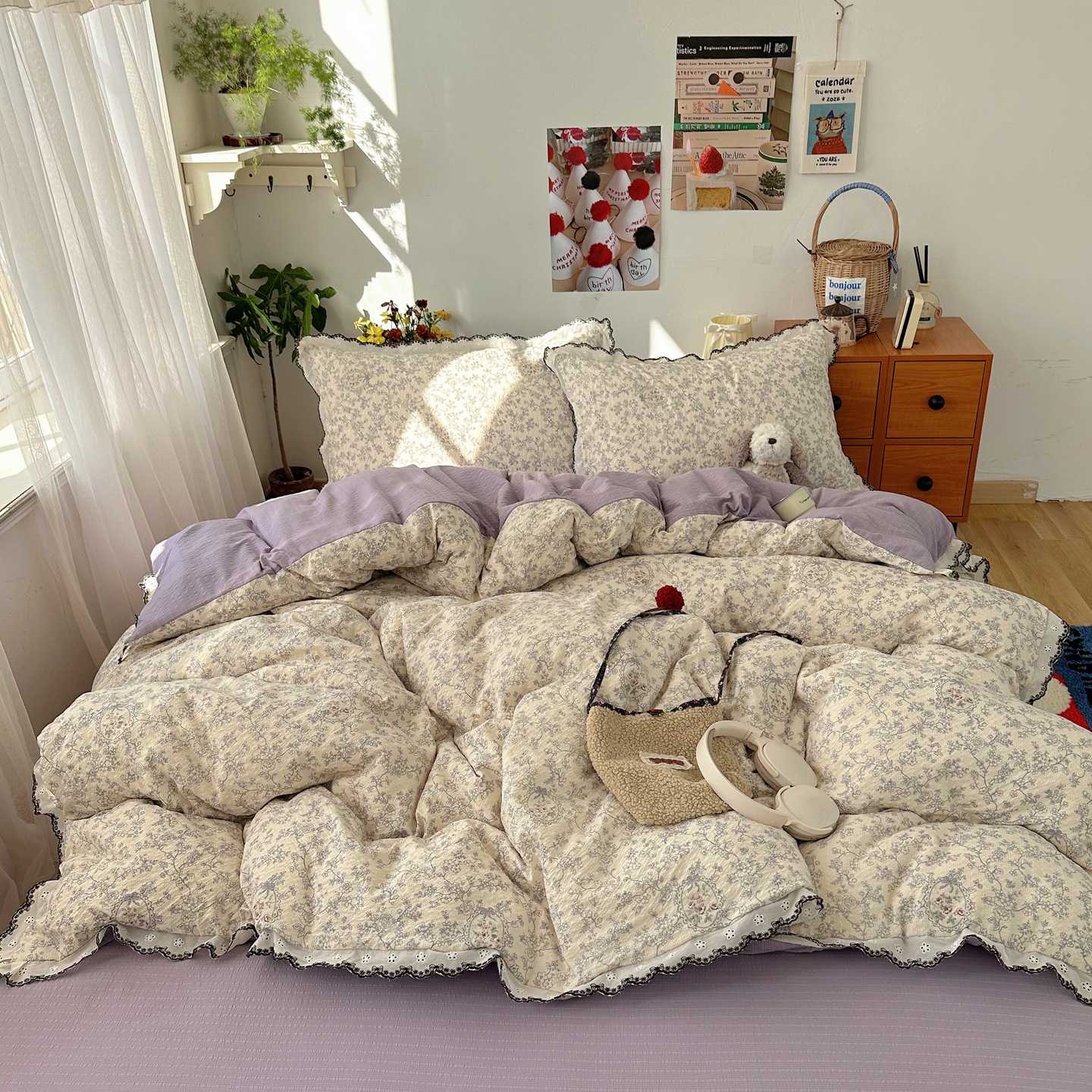 Nordic French Vintage Boho French-style Vintage Double-layer Gauze Four-piece Nordic Fresh Lace Style Single-person Three-piece Set, Double-person_voghion.com