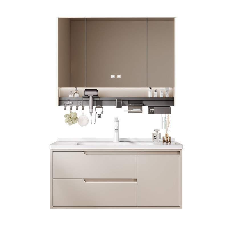 Gabinete de baño de doble cajón combinado multicapa lavabo de madera maciza cerámica integral lavabo con enchufe gabinete de espejo inteligente multifuncional