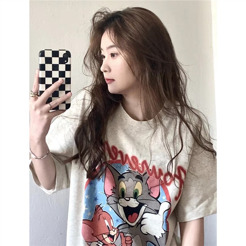 American Style Retro Pure Cotton Chic Design Sense Cartoon Tom and Jerry Round Neck T-Shirt Short Sleeve Loose Top Women Ins
