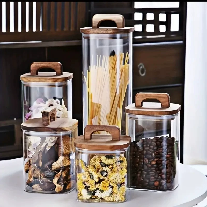 Сетка красная квадратная пищевая стеклянная герметичная банка портативная деревянная крышка для закусок конфеты кондитерская банка для хранения цветочного чая