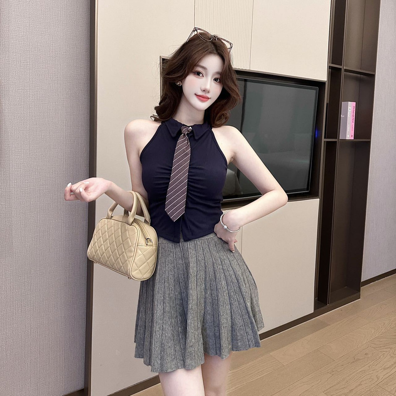Summer New Style Mature Lady Style Polo Collar Sleeveless Tie Vest Slim Fit Women's One-Piece Top with Chest Pads