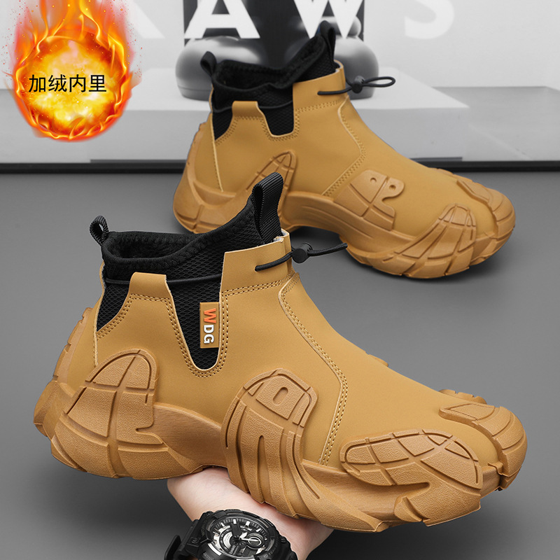 男鞋爆款冬季新款一脚蹬筒靴加绒保暖超大45码短靴男士工装马丁靴