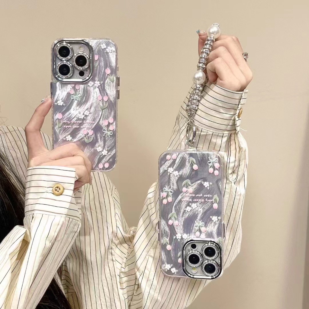 INS hilo de plumas tulipán rosa para iPhone16pro max Apple 15 funda para teléfono móvil 13 cadena de diamantes de imitación 12 mujer