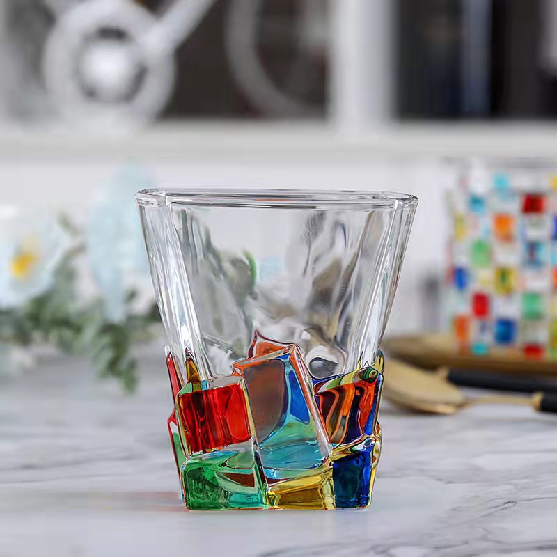 意大利手工彩绘水晶玻璃杯子漱口杯高颜值威士忌创意彩色编织水杯
