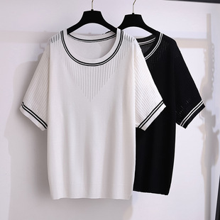 Large size women's summer new ice silk knitted jacket fat sister slim 200/300kg short sleeve T-shirt 8336