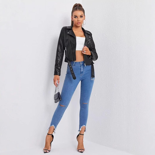 Cross-border Western-style slanted collar black slim fit faux leather motorcycle jacket short coat leather jacket